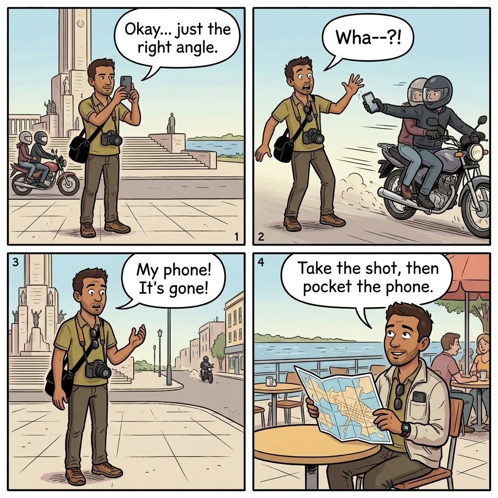 Rosario Motochorro Phone Snatches Near Monumento a la Bandera — comic illustration