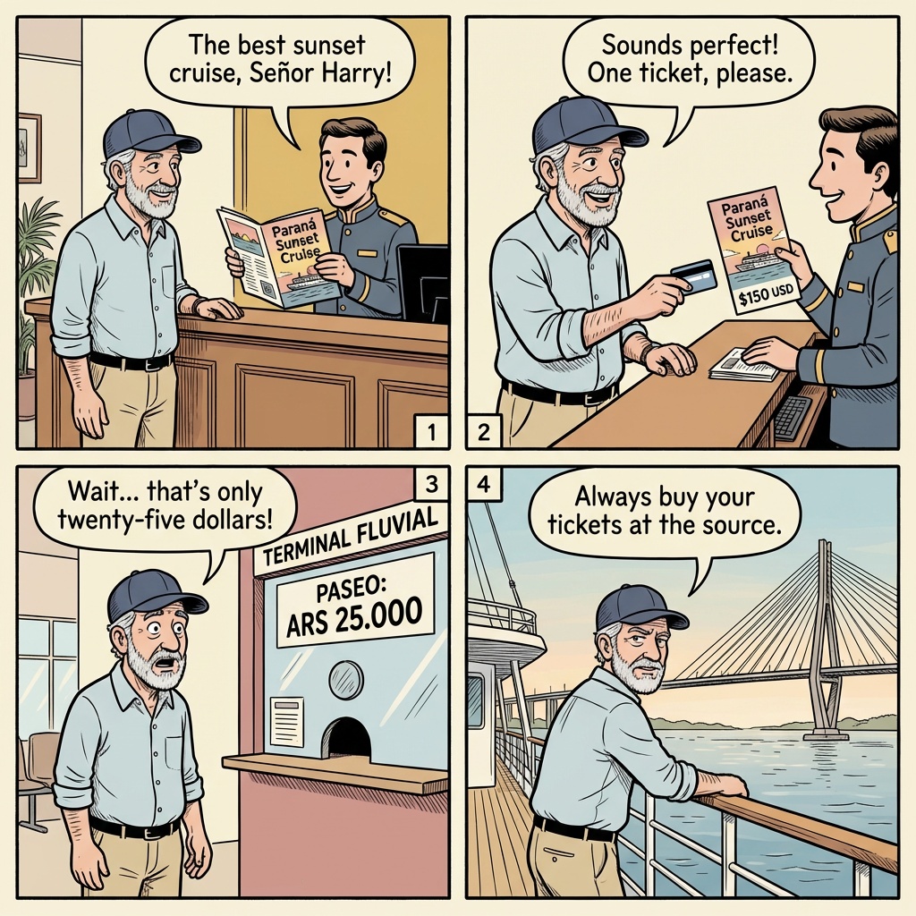 Rosario Paraná River Boat Tour Operator Overcharge — comic illustration