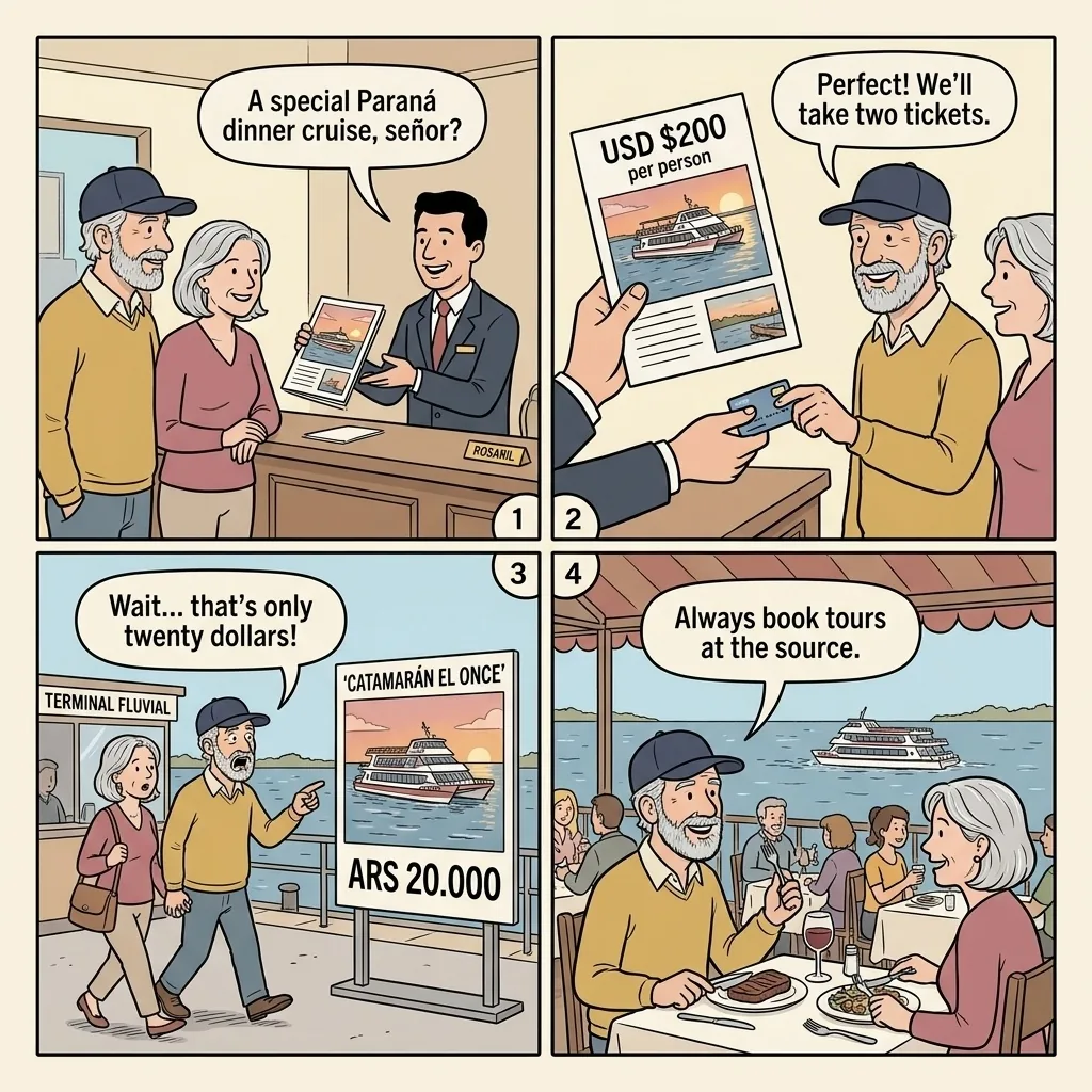 Rosario Paraná River Boat Tour Operator Overcharge — comic illustration