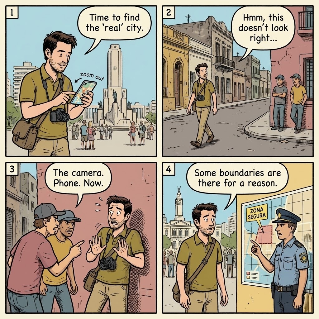 Rosario Safe-Zone Boundary & Outer-Barrio Tourist Mistakes — comic illustration