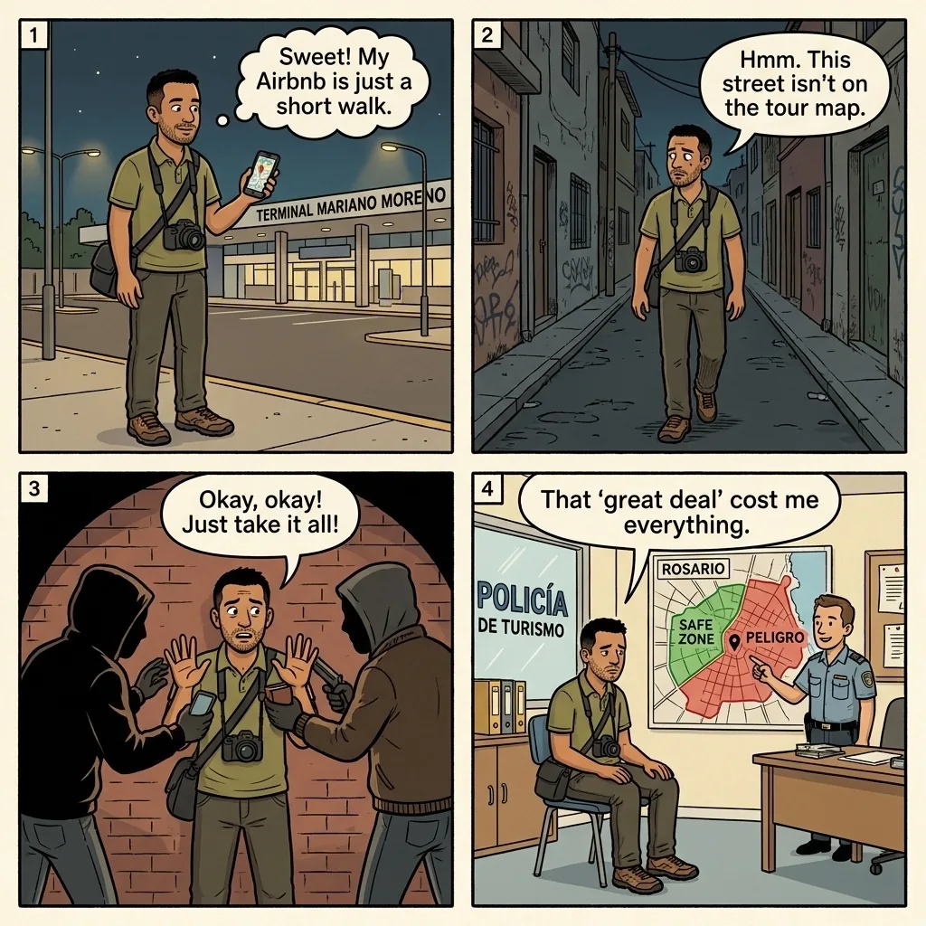 Rosario Safe-Zone Boundary & Outer-Barrio Tourist Mistakes — comic illustration