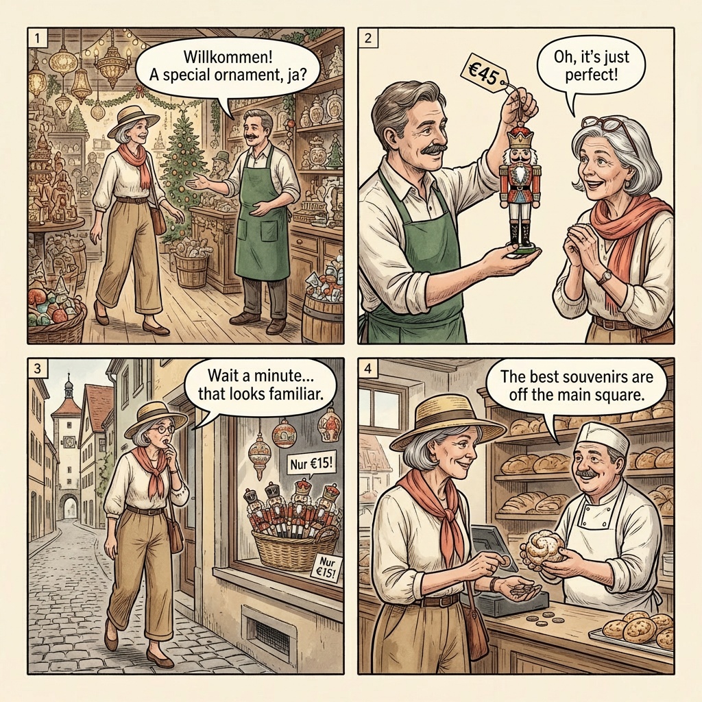 Rothenburg Reiterlesmarkt Christmas Market Year-Round Shop Overcharge — comic illustration