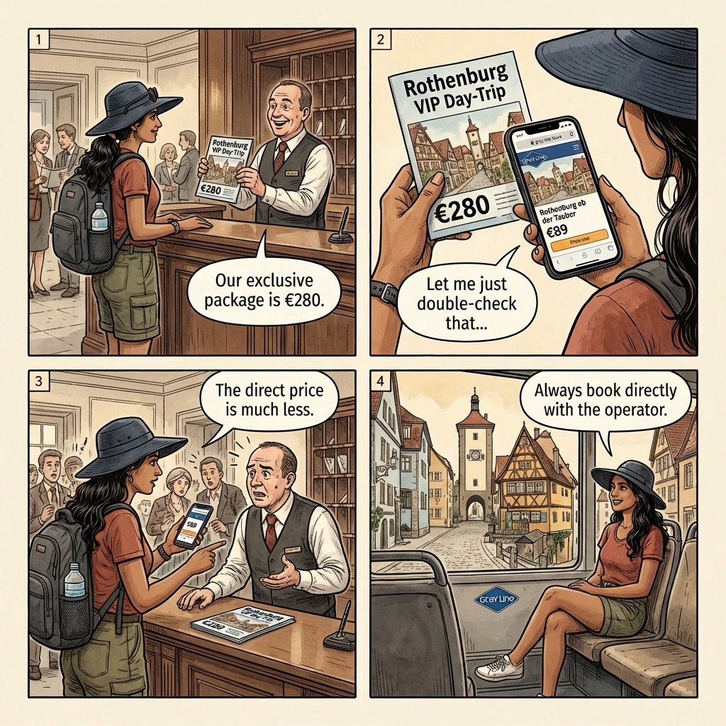 Rothenburg Tour Bus Package Overcharge & Day-Trip Operator Fraud — comic illustration