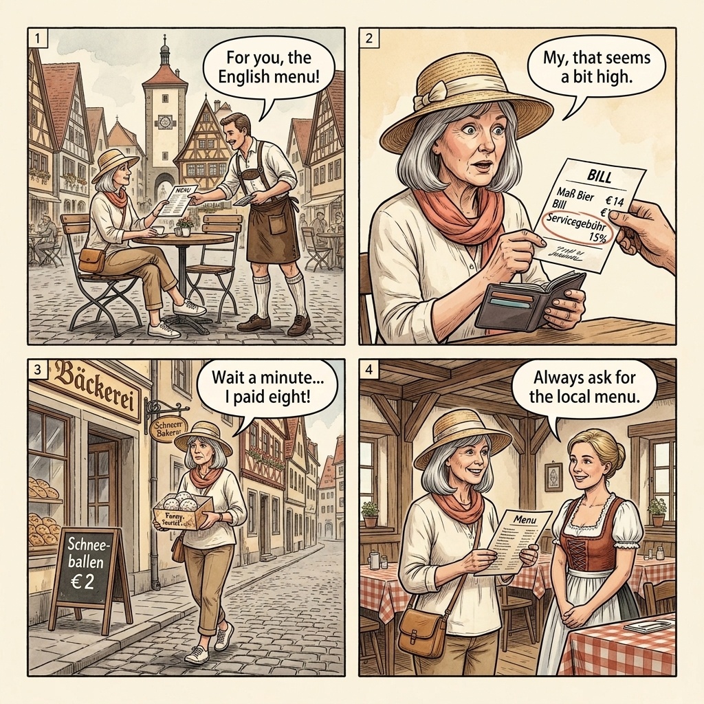 Rothenburg Restaurant Tourist-Menu Bill-Padding & Schneeballen Premium — comic illustration