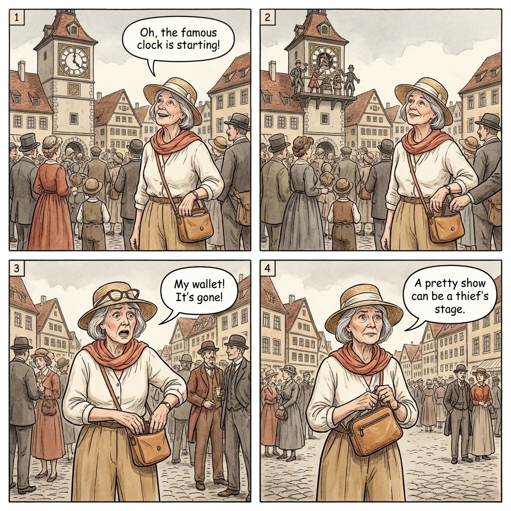Rothenburg Altstadt Pickpocket During Peak Tourist Crowds — comic illustration