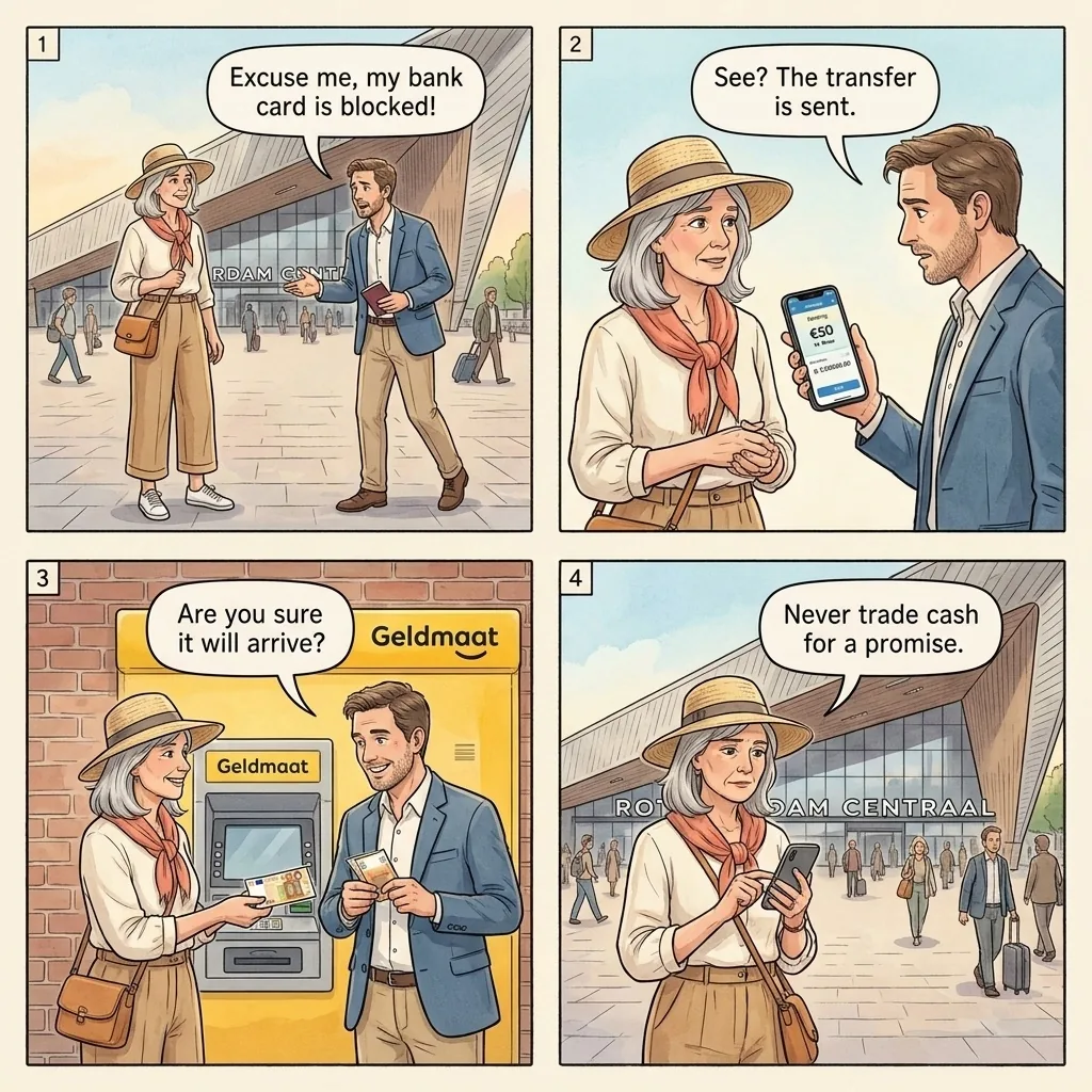 Rotterdam Centraal Stranded-Driver Cash-Need Scam — comic illustration