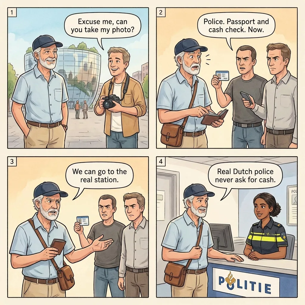 Fake-Police Passport-and-Cash Inspection at Tourist Spots — comic illustration