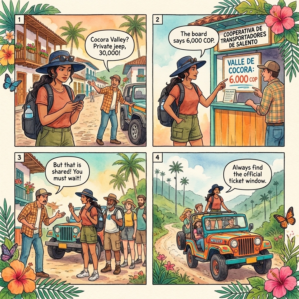 Salento–Cocora Willys Jeep Overcharge — comic illustration