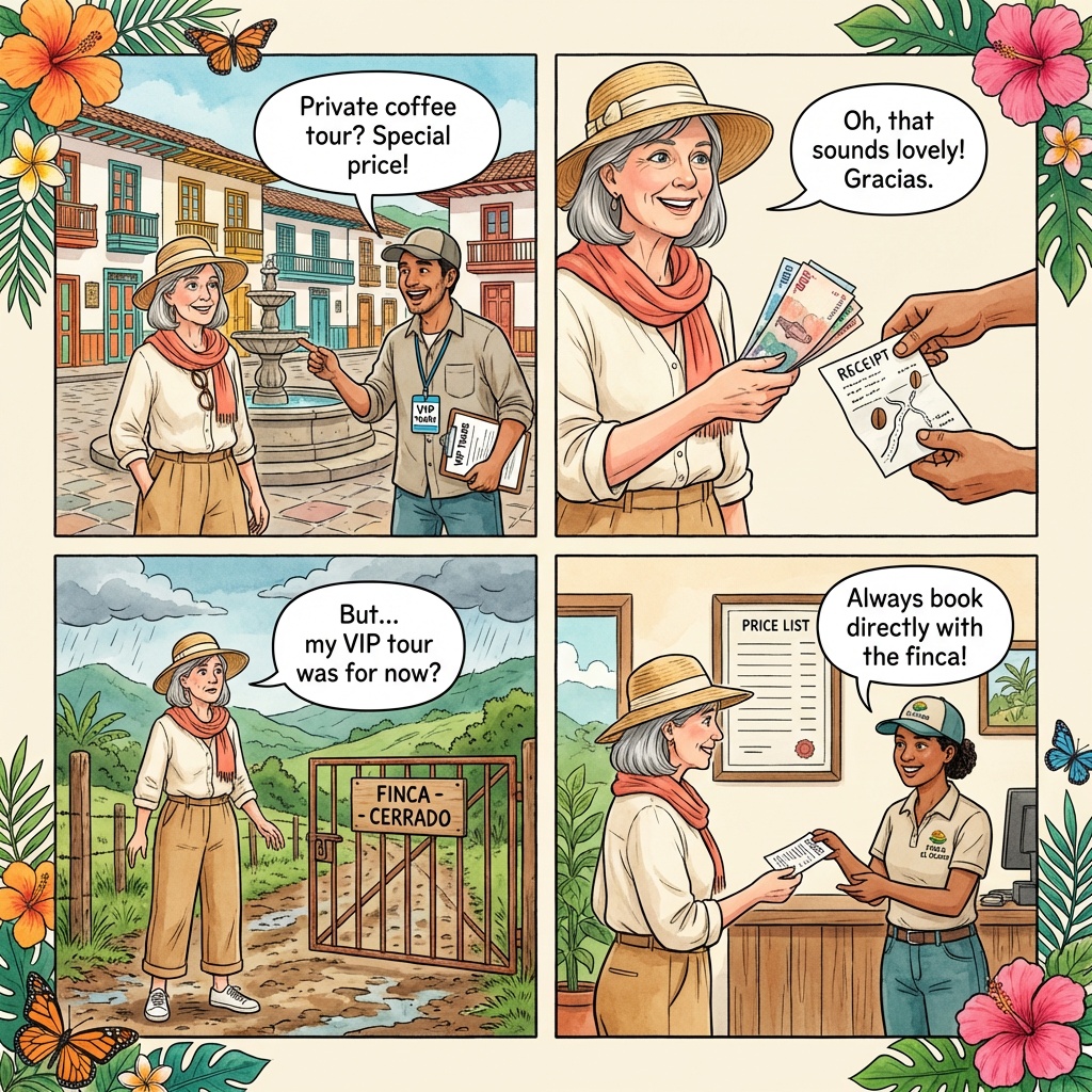 Coffee Farm Tour Package Booking Fraud — comic illustration