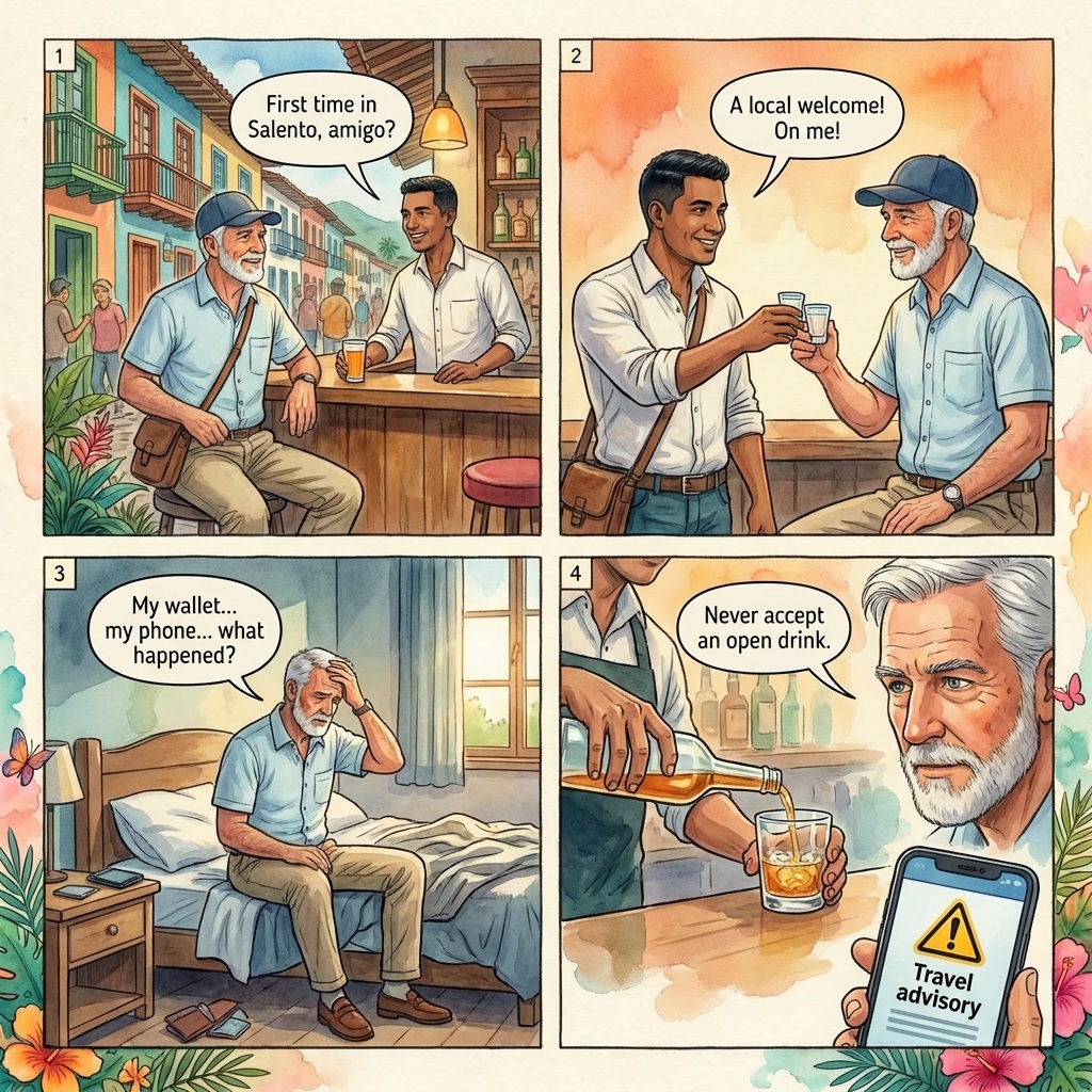 Calle Real Bar Drink Spiking & Robbery — comic illustration