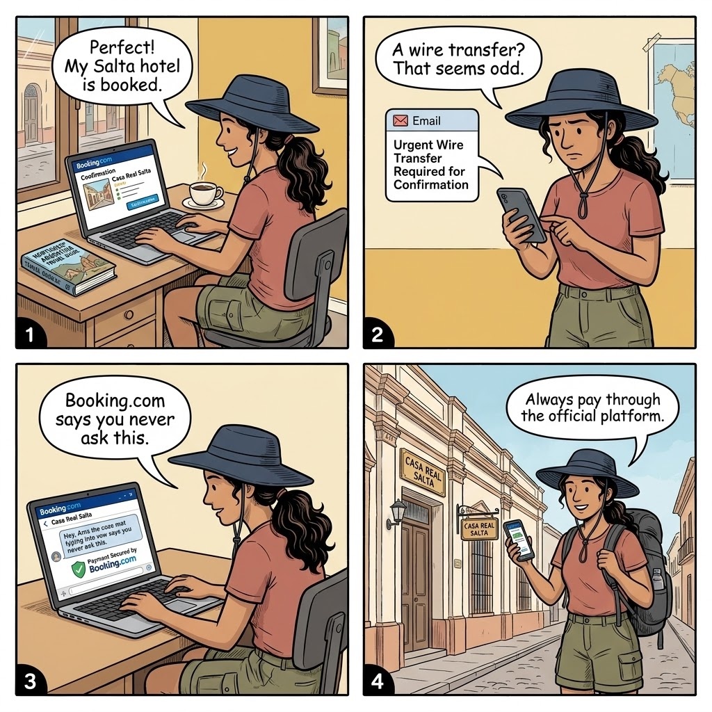 Salta Hotel & Airbnb Booking Fraud — comic illustration