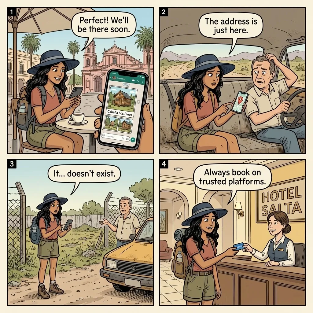 Salta Hotel & Airbnb Booking Fraud — comic illustration