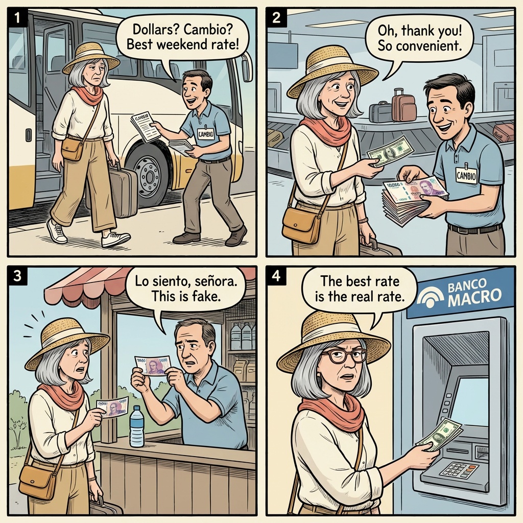 Salta Cambio Touts & Bus-Terminal Counterfeit Peso — comic illustration