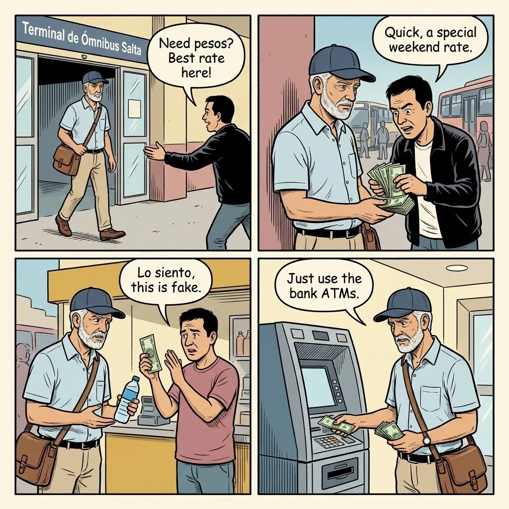 Salta Cambio Touts & Bus-Terminal Counterfeit Peso — comic illustration