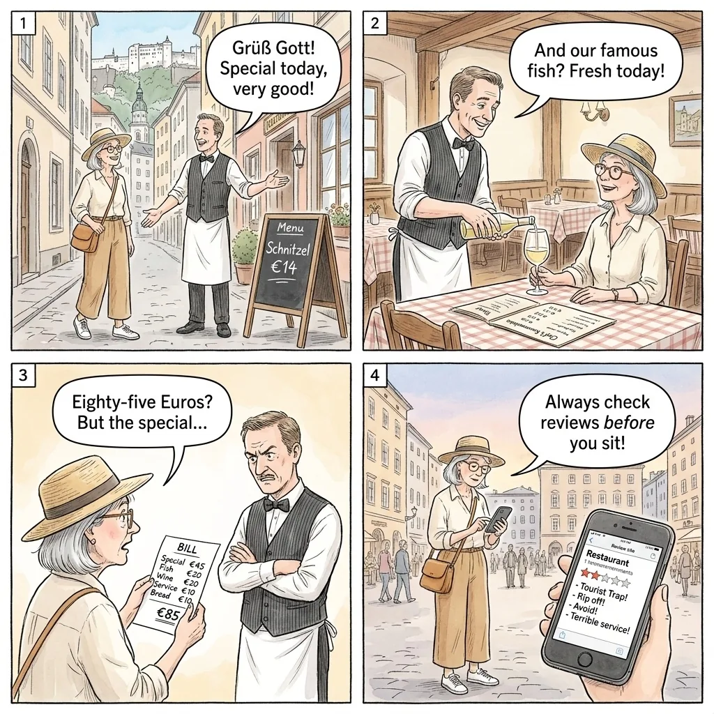 Aggressive Scam Restaurant Near Getreidegasse — comic illustration
