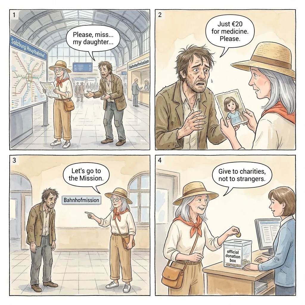 Fake Beggar / Sympathy Approach at Train Station — comic illustration