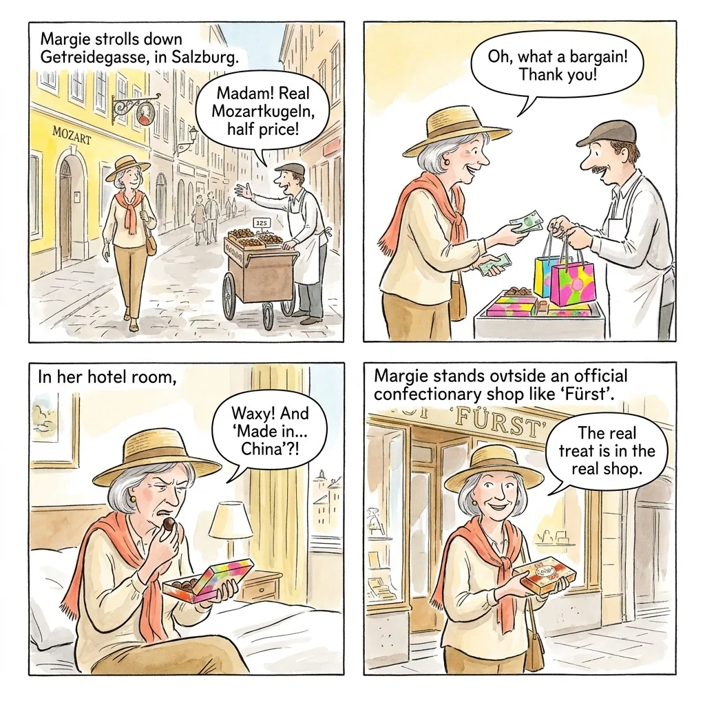 Counterfeit Goods / Fake Mozart Memorabilia — comic illustration