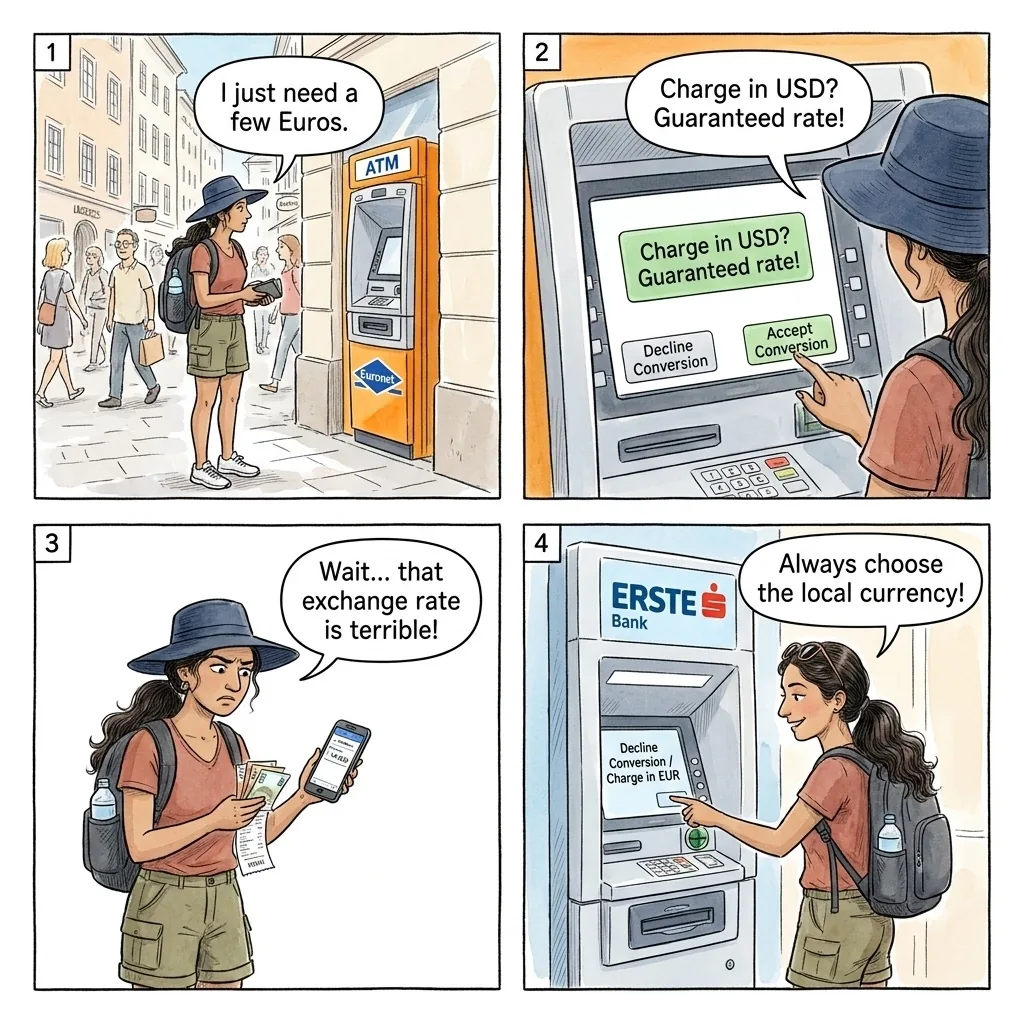 ATM Dynamic Currency Conversion Trap — comic illustration