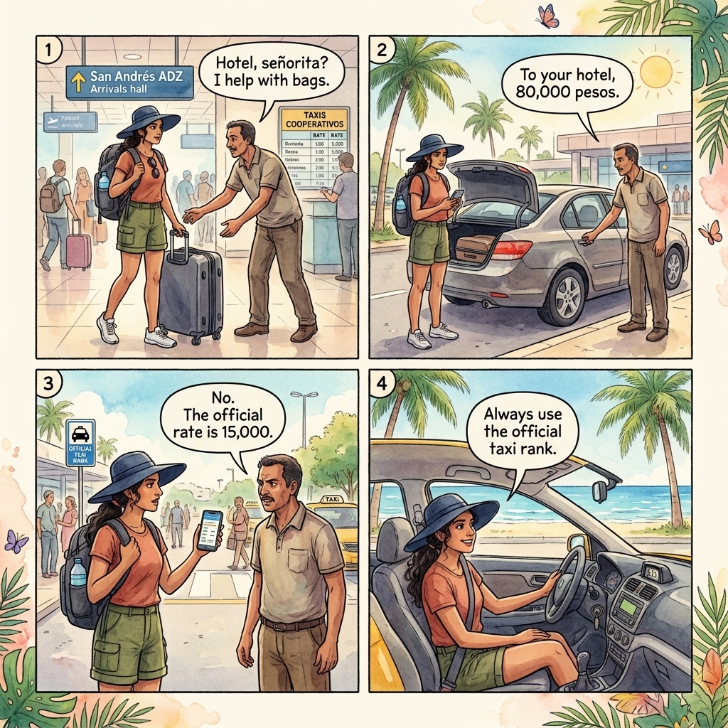 ADZ Airport-to-Hotel Taxi Overcharge — comic illustration