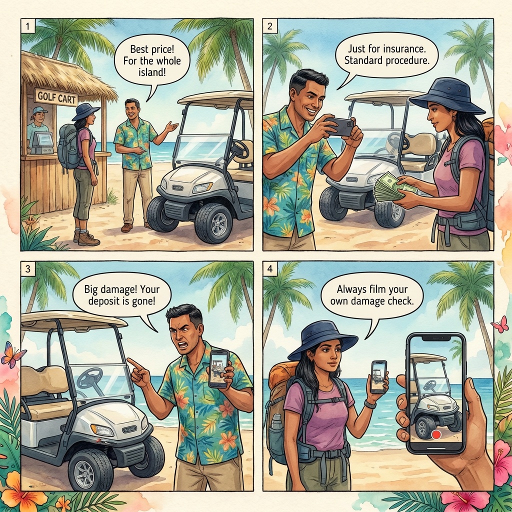 Golf Cart Rental Damage-Deposit Trap — comic illustration