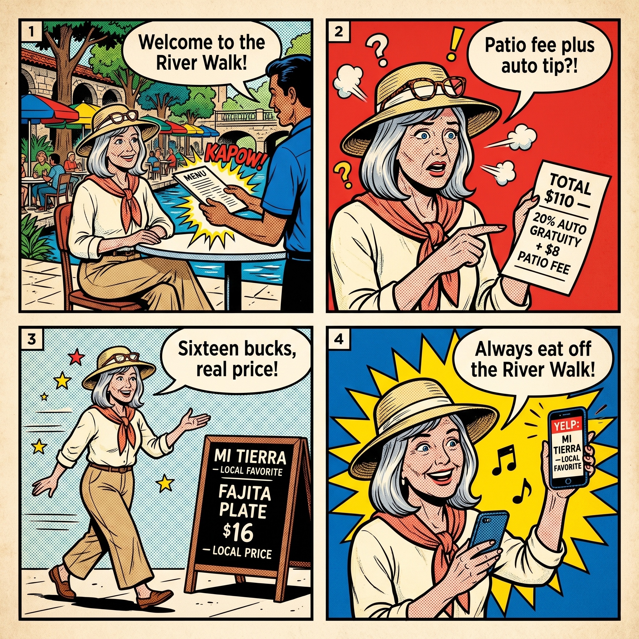 San Antonio Riverwalk Restaurant Overcharge & 'Scenic' Menu Markup — comic illustration