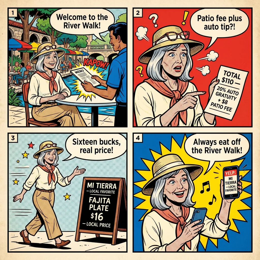 San Antonio Riverwalk Restaurant Overcharge & 'Scenic' Menu Markup — comic illustration