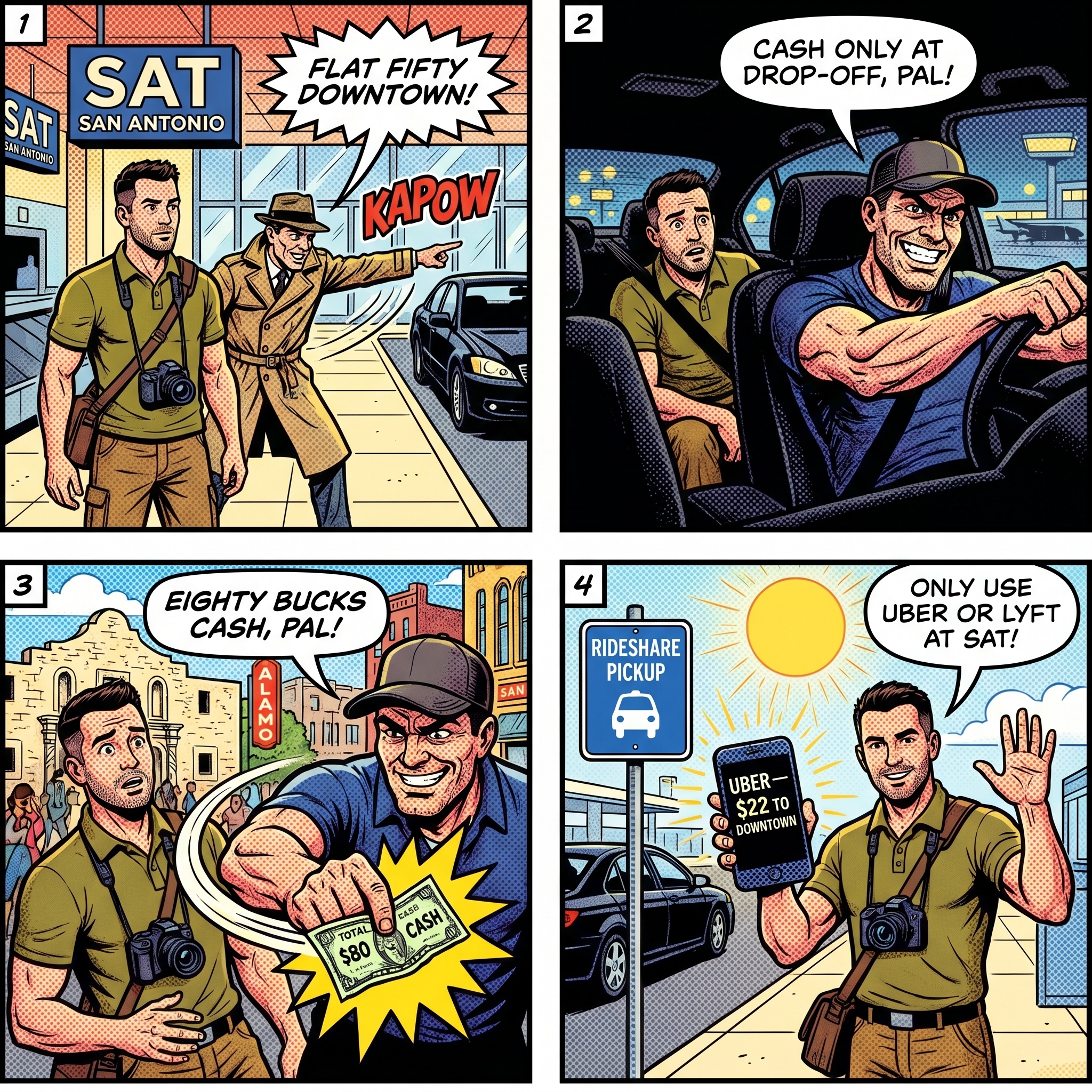 SAT Airport Rideshare, Taxi & 'Airport Parking' Tow Scam — comic illustration