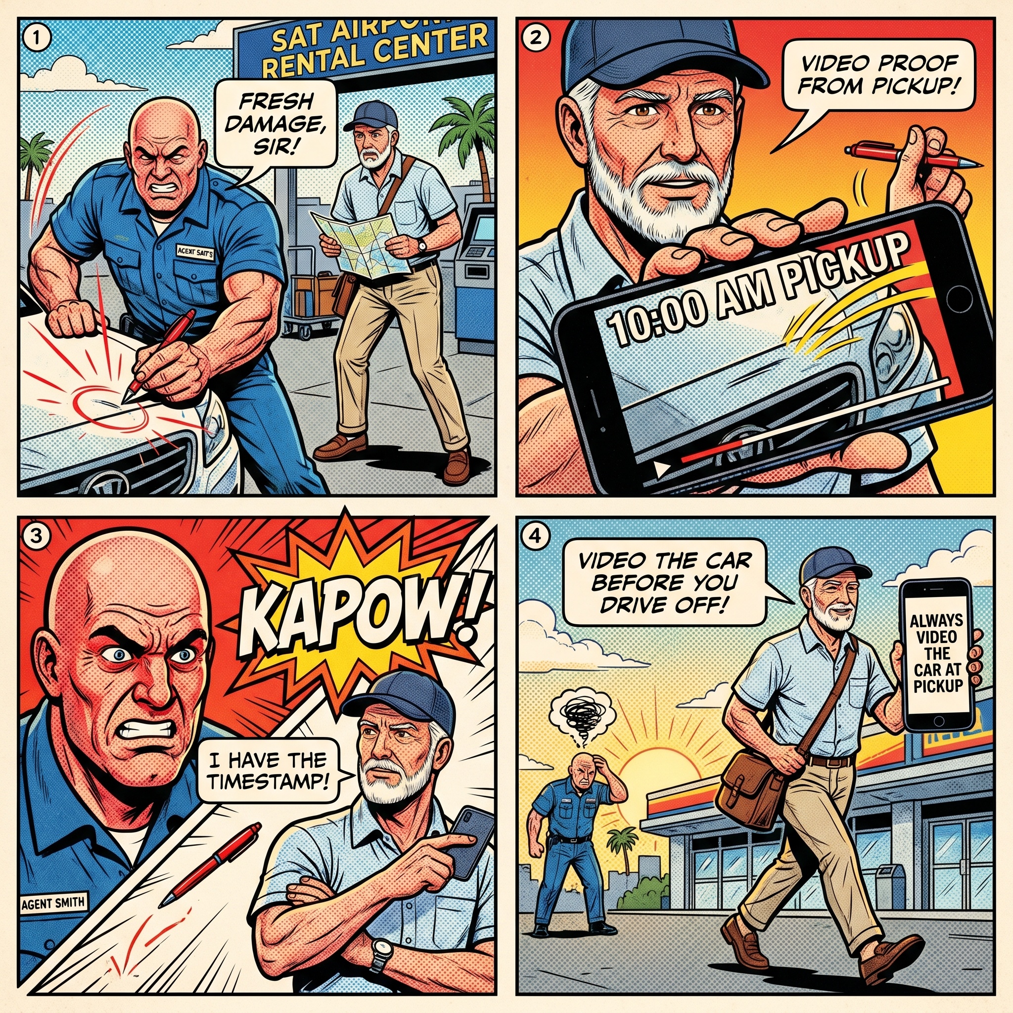 San Antonio Rental Car 'Damage Claim' & Alamo Upsell Scam — comic illustration