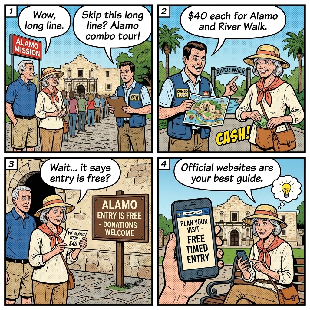 Alamo Mission 'Ticket' & Historic Site Tour Confusion — comic illustration