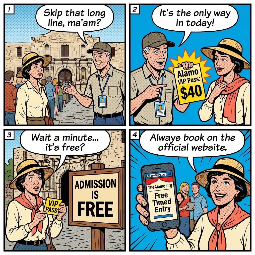Alamo Mission 'Ticket' & Historic Site Tour Confusion — comic illustration