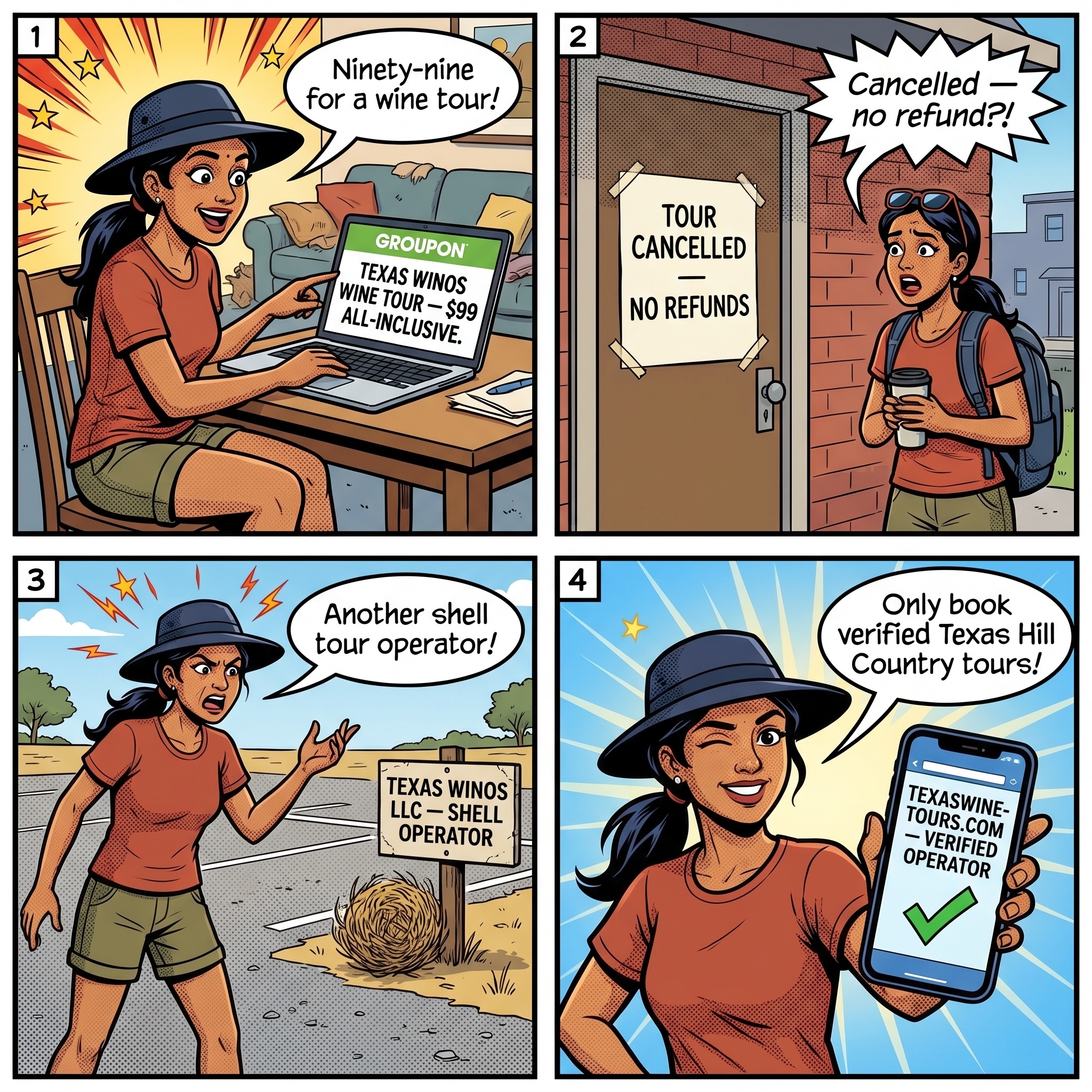 Texas Hill Country 'Texas Winos' Wine Tour Scam — comic illustration