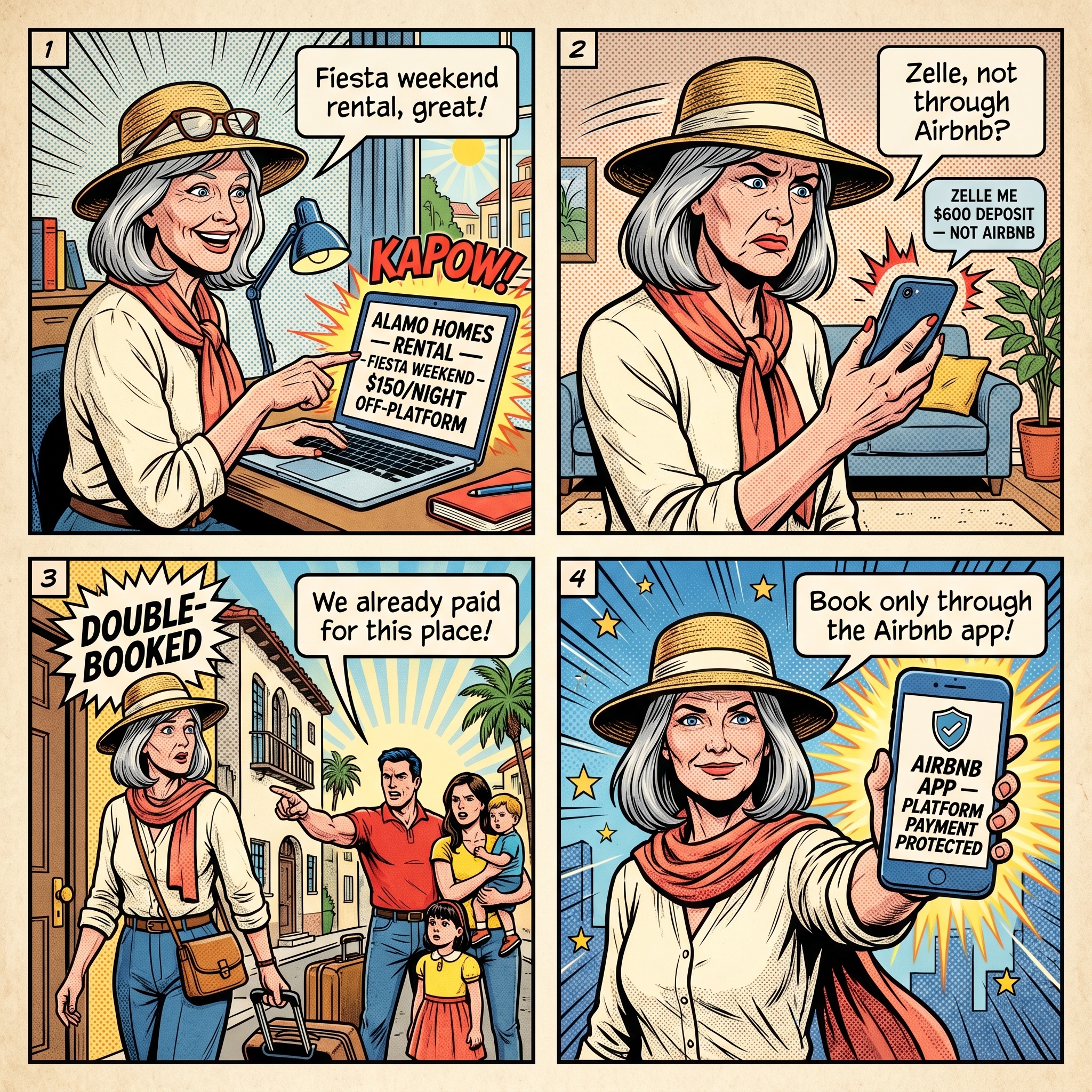San Antonio STR 'Alamo Homes' & Fiesta-Season Airbnb Booking Fraud — comic illustration