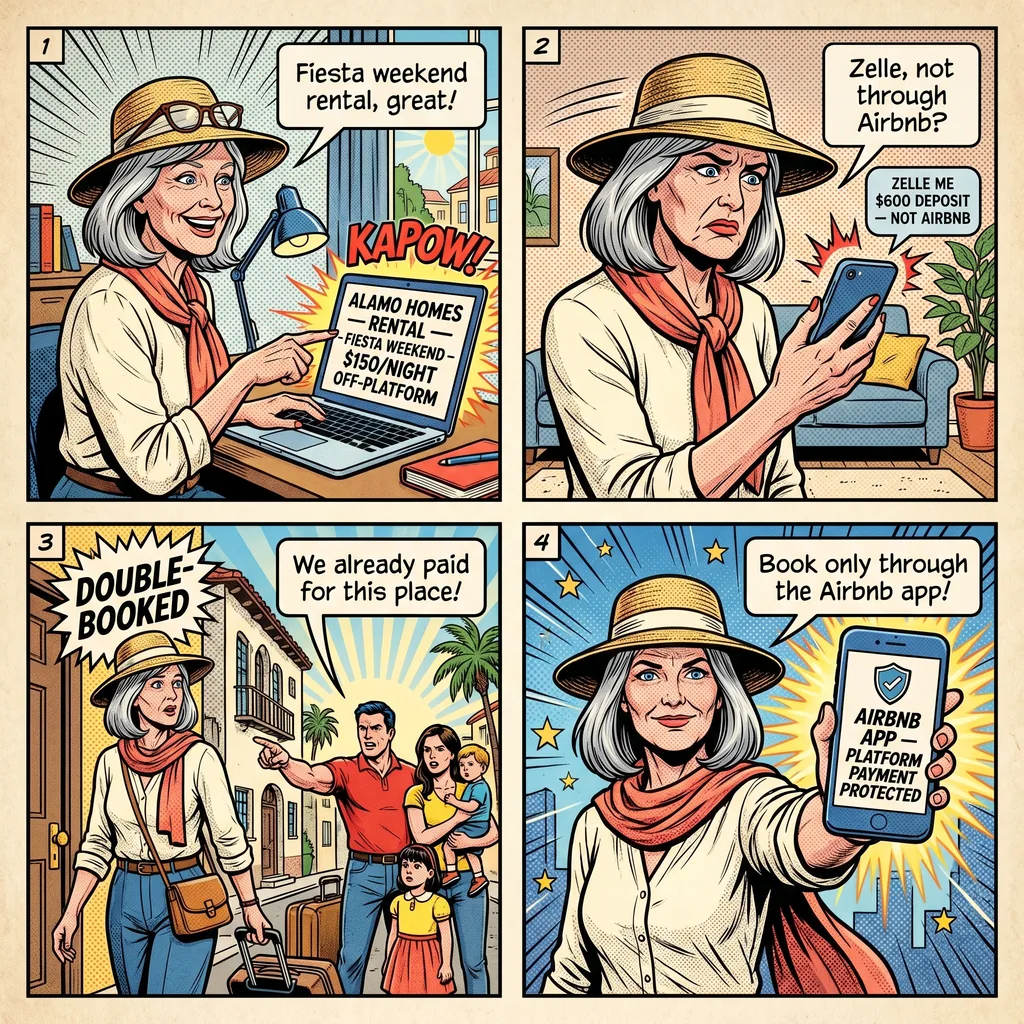 San Antonio STR 'Alamo Homes' & Fiesta-Season Airbnb Booking Fraud — comic illustration