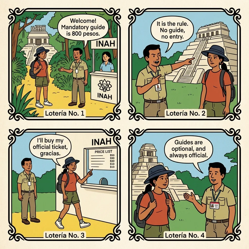 Palenque 'Mandatory Guide' Day-Trip Trap — comic illustration