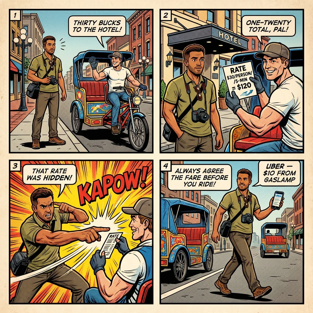 Pedicab Bait-and-Switch — comic illustration