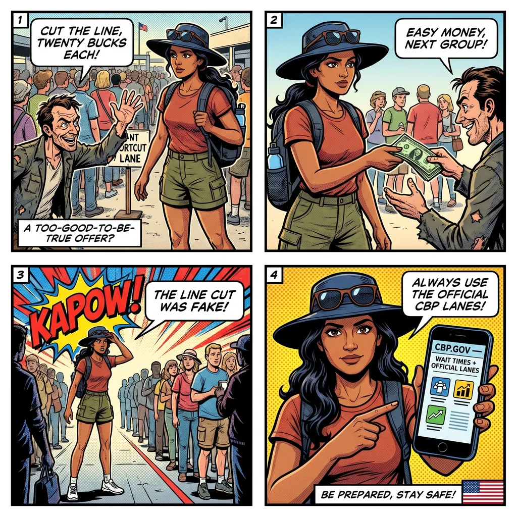 Tijuana Border Crossing Extortion — comic illustration