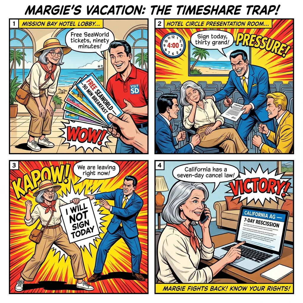 Timeshare Presentation Trap — comic illustration