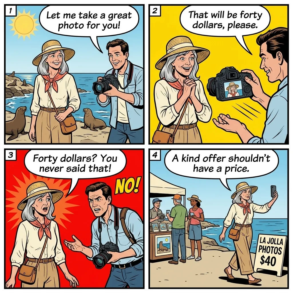Unlicensed Beach Vendors and Photo Scams — comic illustration