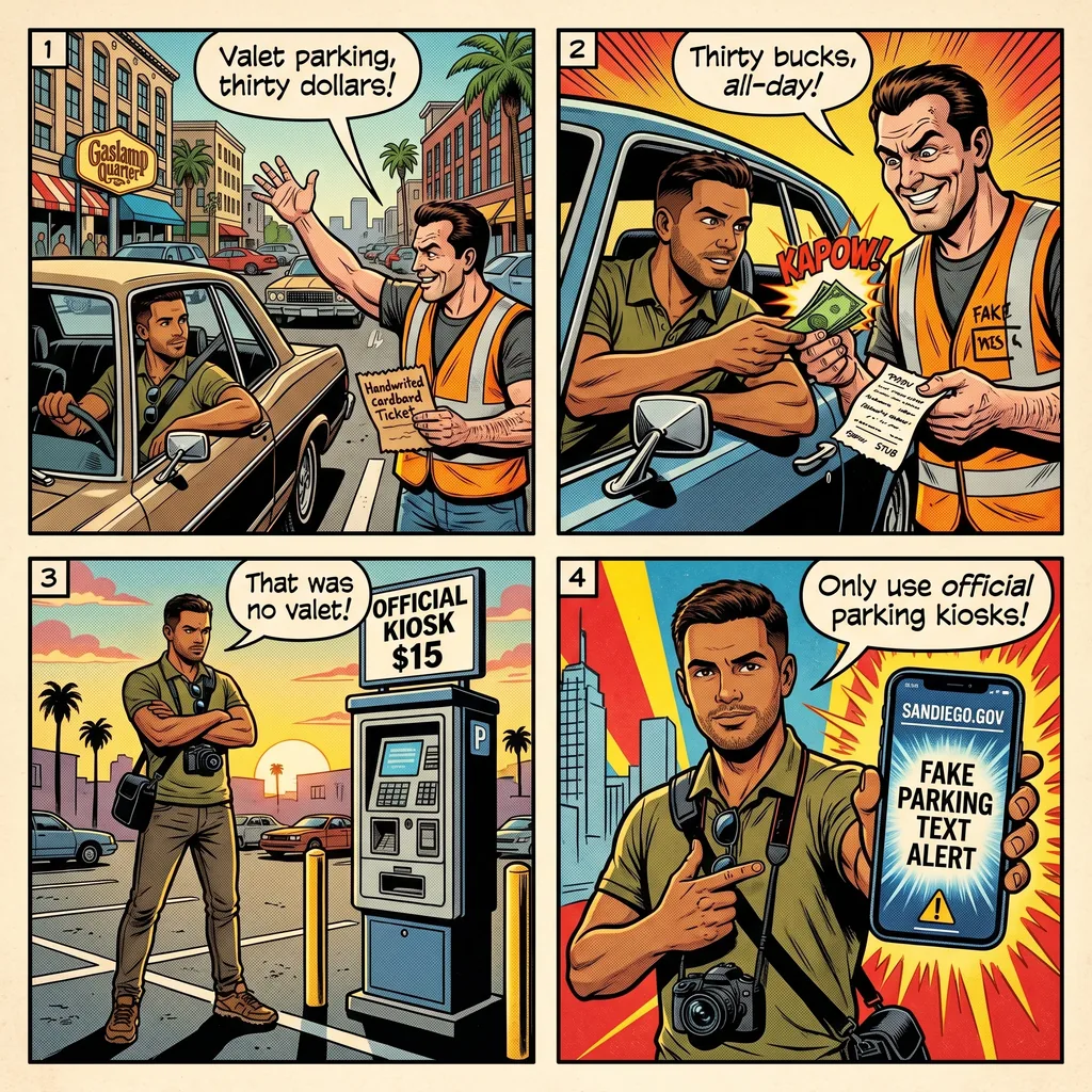 Parking Phishing and Fake Valet Scam — comic illustration