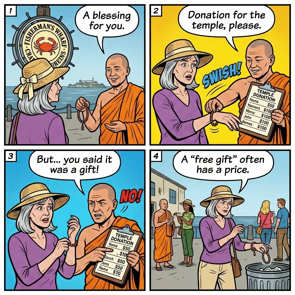 Fake Buddhist Monk Bracelet Hustle — comic illustration