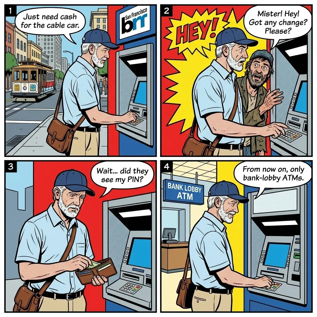 Homeless Distraction / Aggressive Panhandling Near ATMs — comic illustration