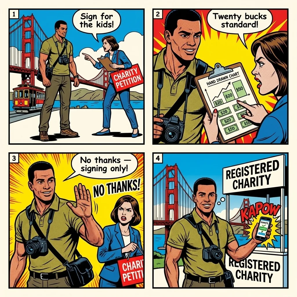 Fake Charity Clipboard Solicitation — comic illustration