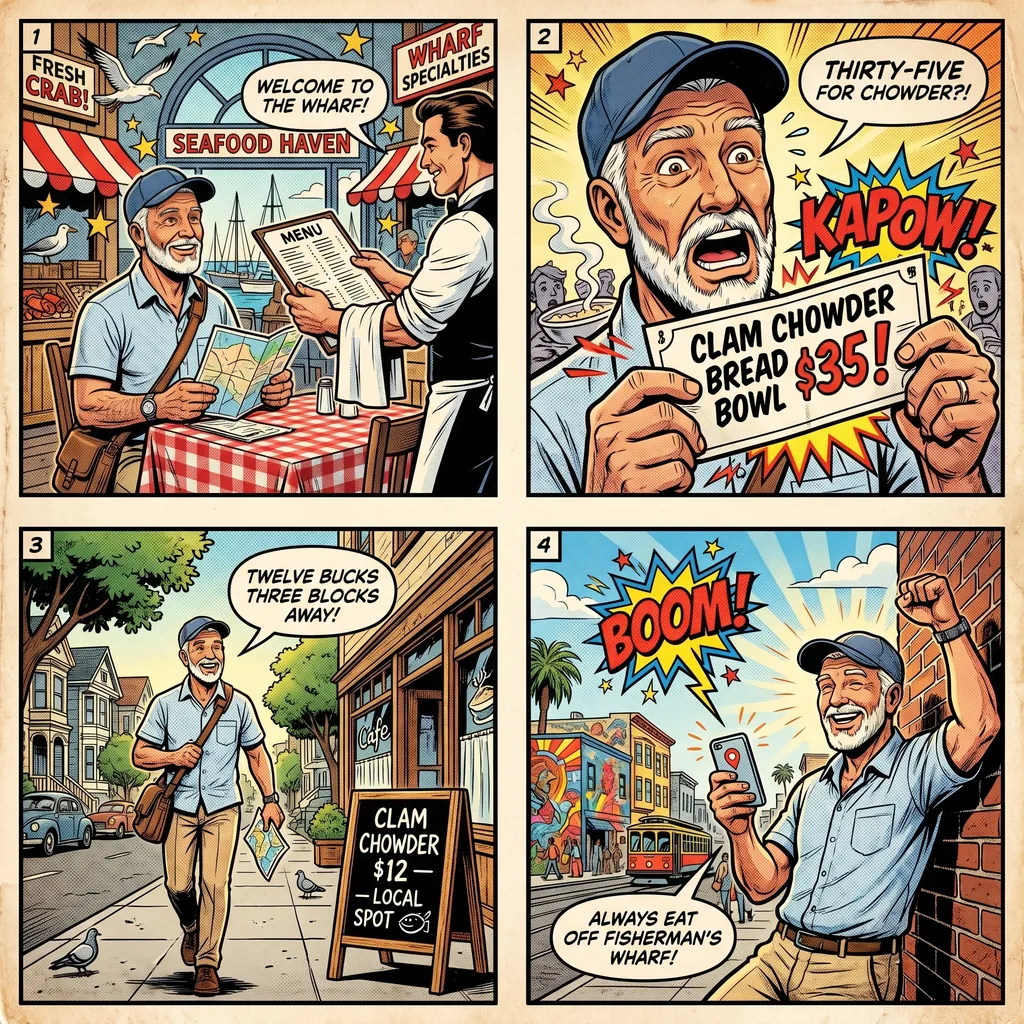 Overpriced Sourdough and Clam Chowder Tourist Traps — comic illustration
