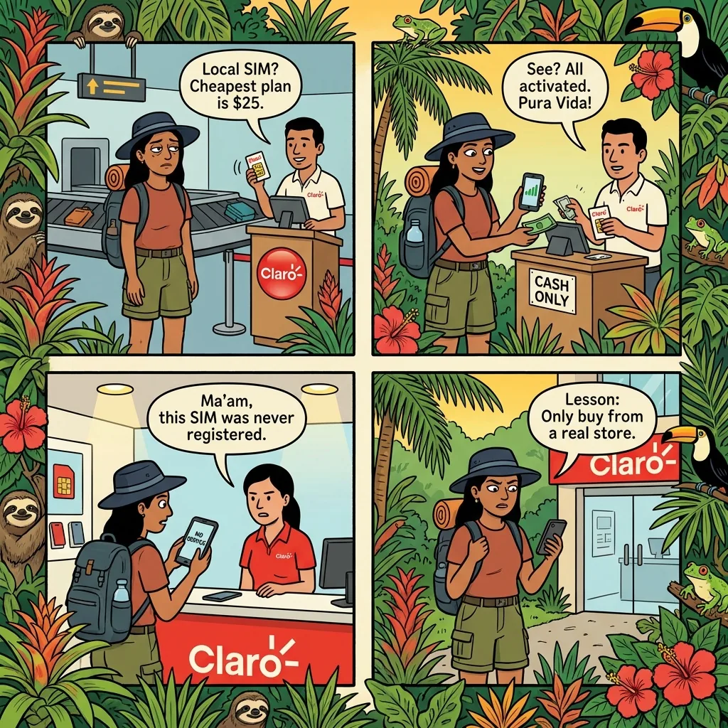 SJO Baggage-Claim SIM-Card 'Activation Fee' Fraud — comic illustration