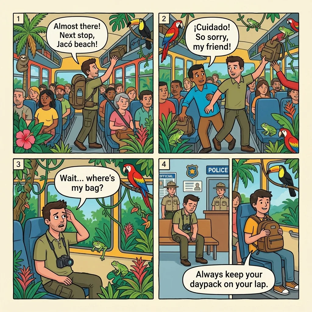 Coca-Cola Bus Terminal Pickpocket & Luggage Theft — comic illustration