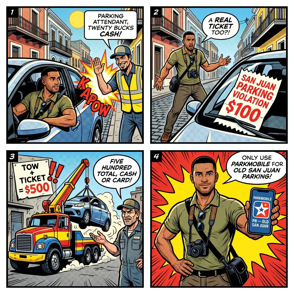 Old San Juan '$500 Parking Ticket' & Street-Parking Scam — comic illustration