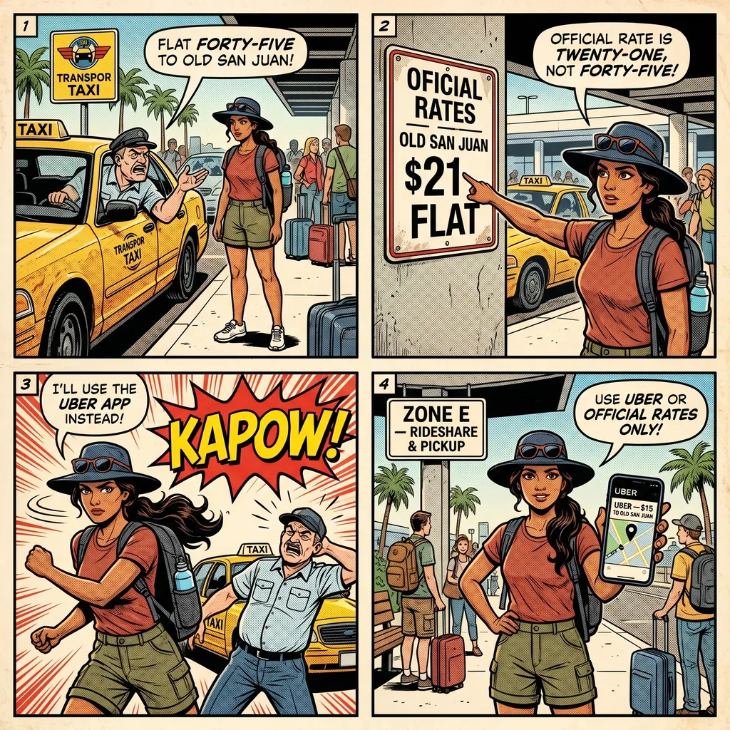 San Juan Airport Taxi & Rideshare Overcharge — comic illustration