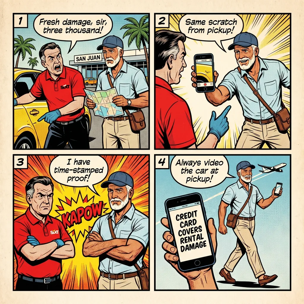 Puerto Rico Rental Car 'Sixt' / 'NextCar' Damage & Deposit Scam — comic illustration
