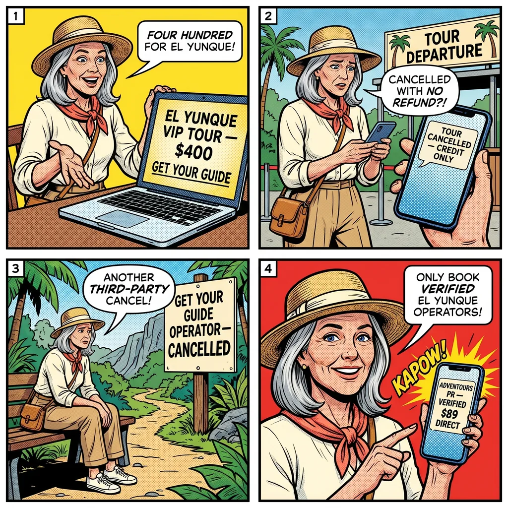 El Yunque & 'GetYourGuide' Tour Overcharge with Cancellation Risk — comic illustration