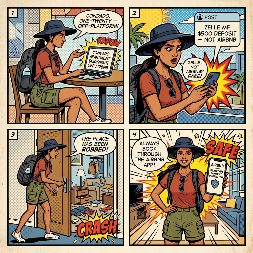San Juan Airbnb Off-Platform Booking & 'PR Robbery' Pattern — comic illustration
